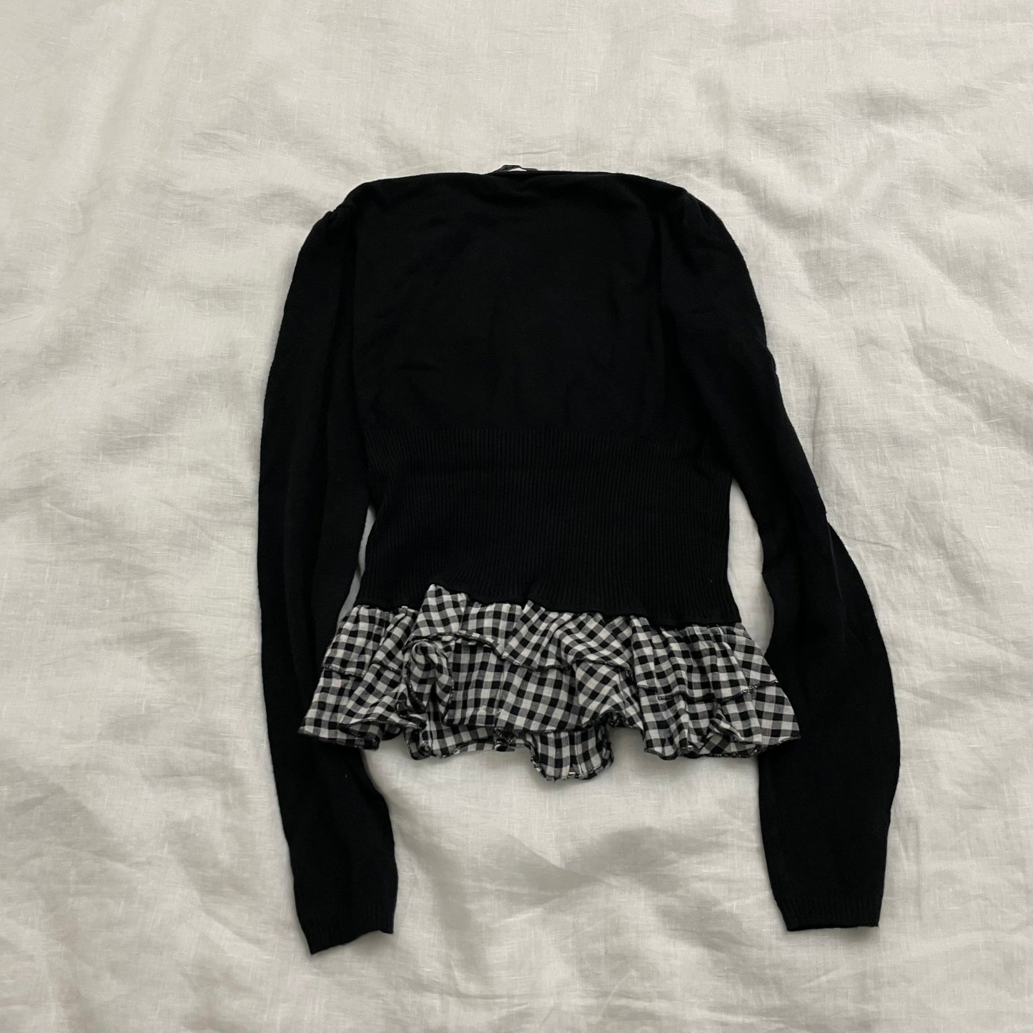 morgan dark academia black gingham ruffle hem long sleeve zip top