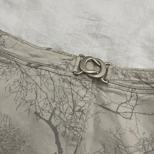 roberto cavalli greige midi skirt grey tree print and silver waist buckle detail