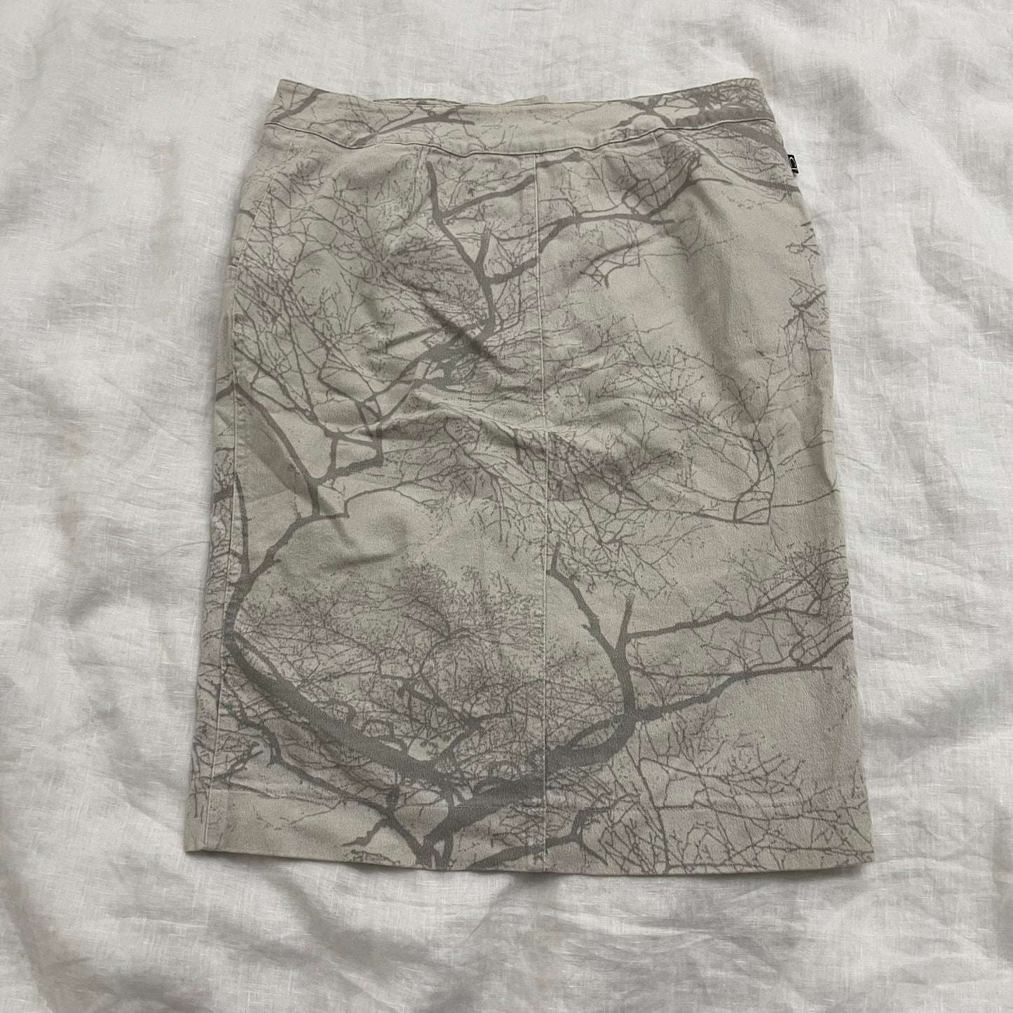 roberto cavalli greige midi skirt grey tree print and silver waist buckle detail