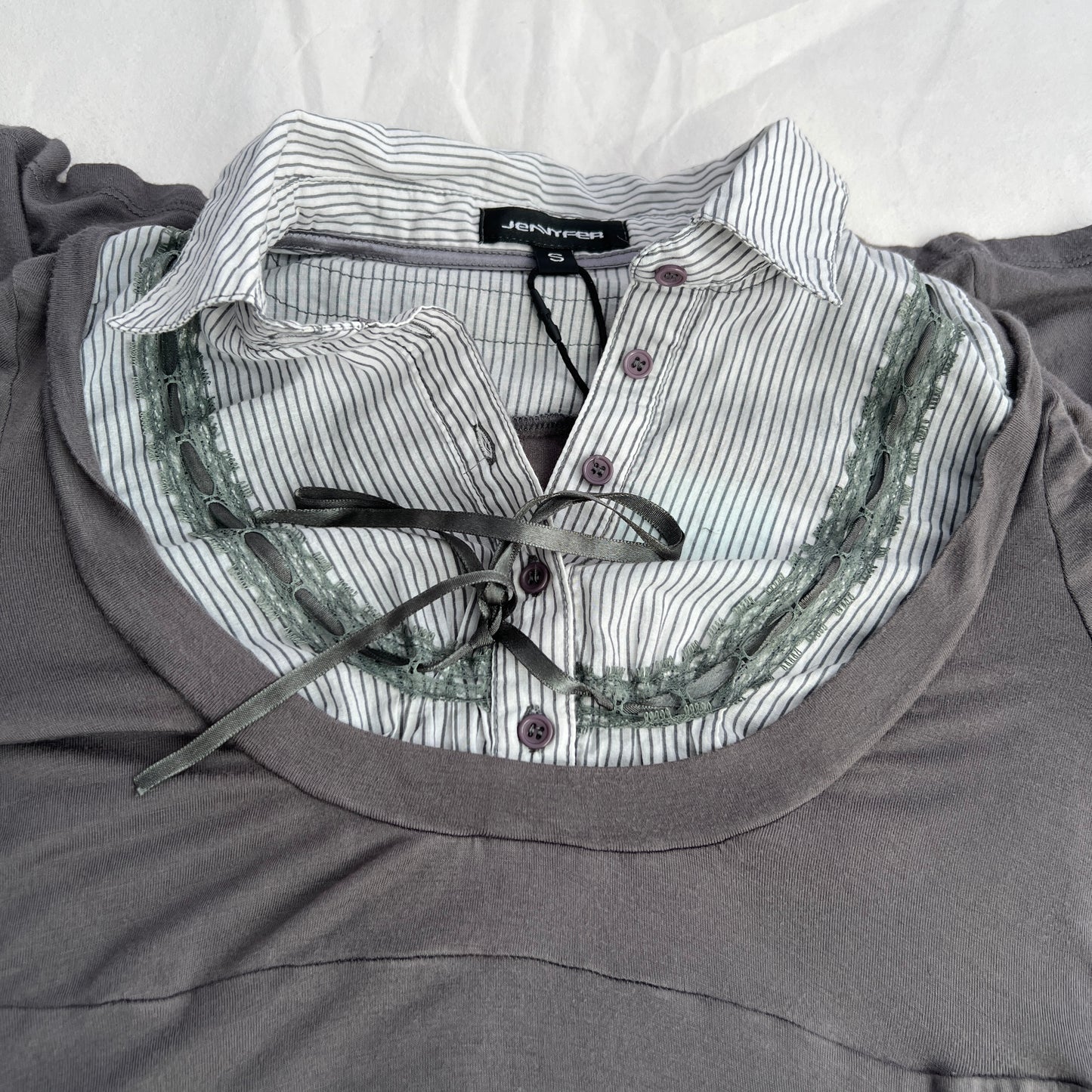 Grey Khaki Jennyfer Milkmaid Striped Lacey Collared Long Sleeve Blouse Two in One Dress