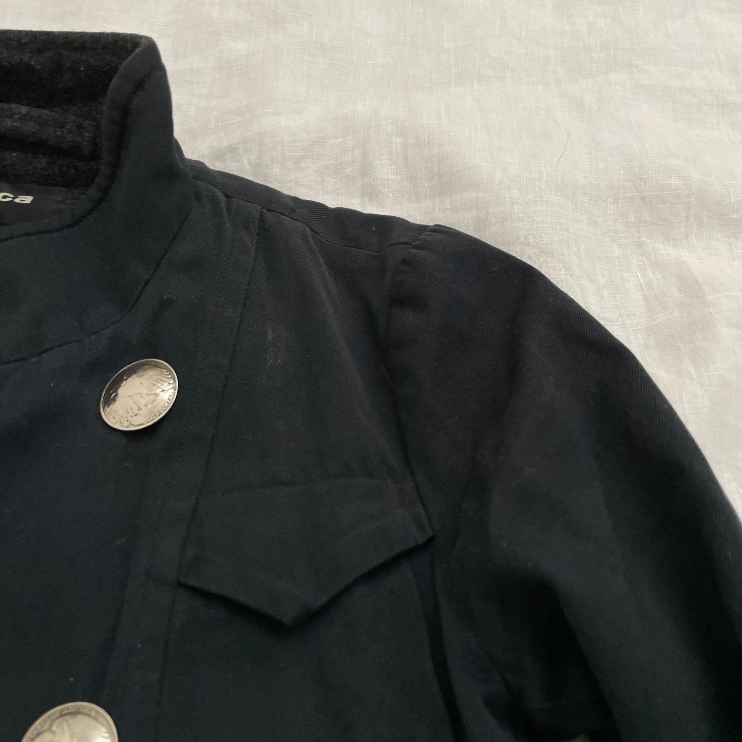 zucca faded black navy asymmetric collared button fitted jacket