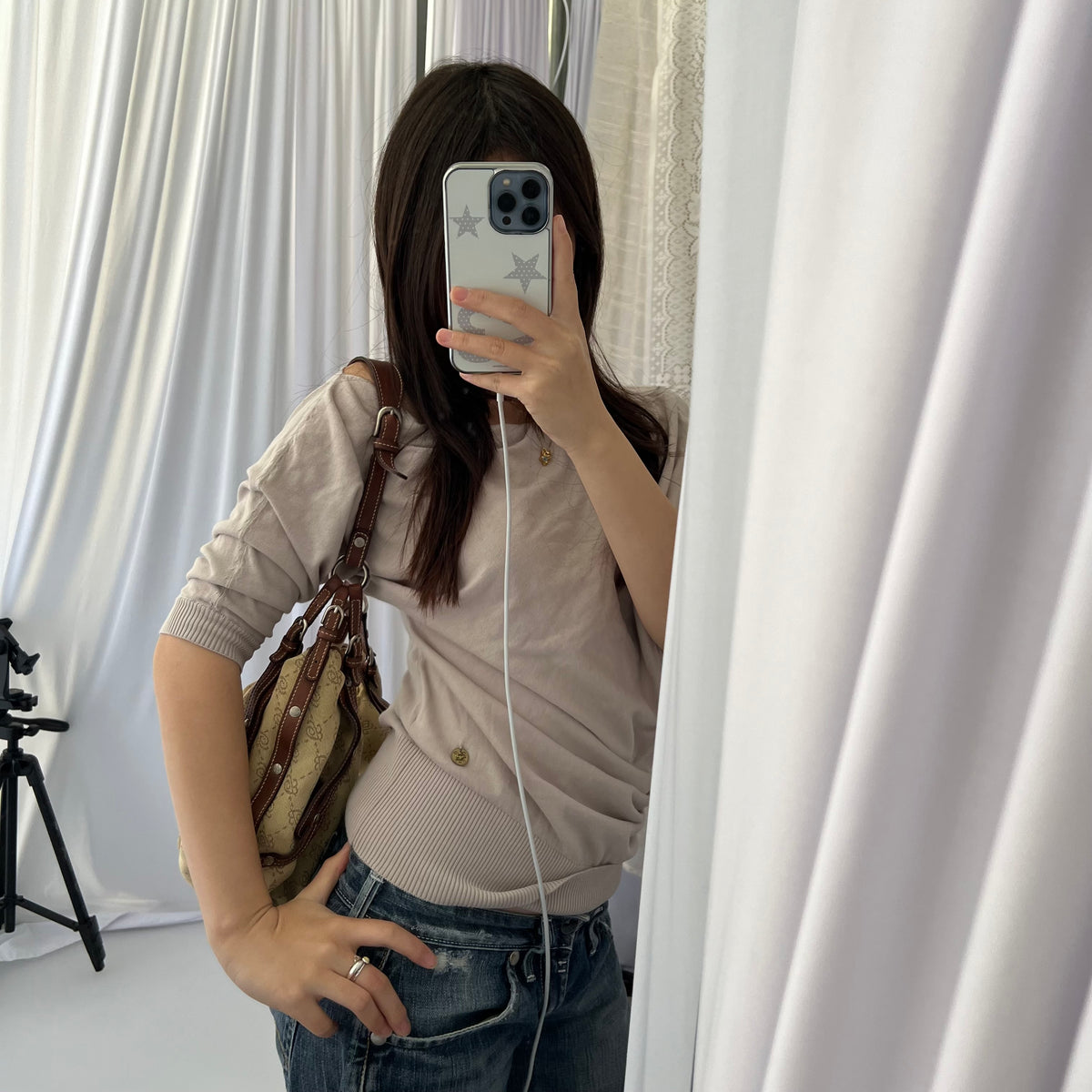 Blumarine Brown Leather Buckle Beige Monogram Shoulder Bag
