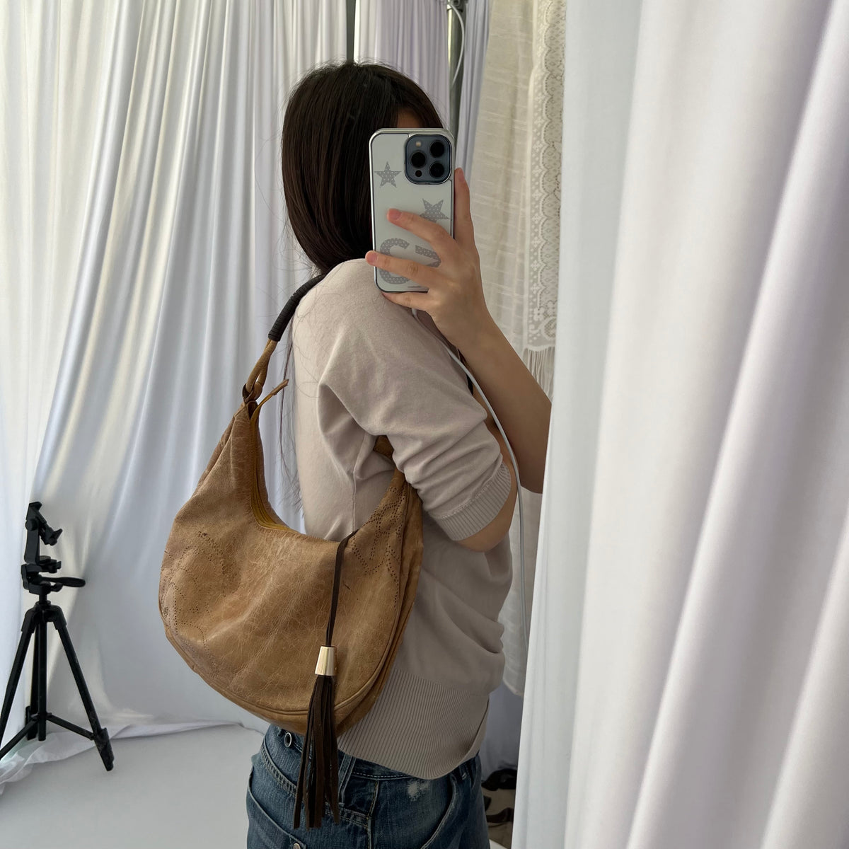 Blumarine Tan Brown Western Cut Out Print Shoulder Bag