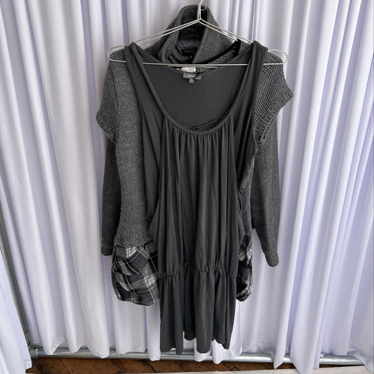 Grey Dark Green Phildar Ruched Layered Drop Waist Hem Tunic Midi Dress