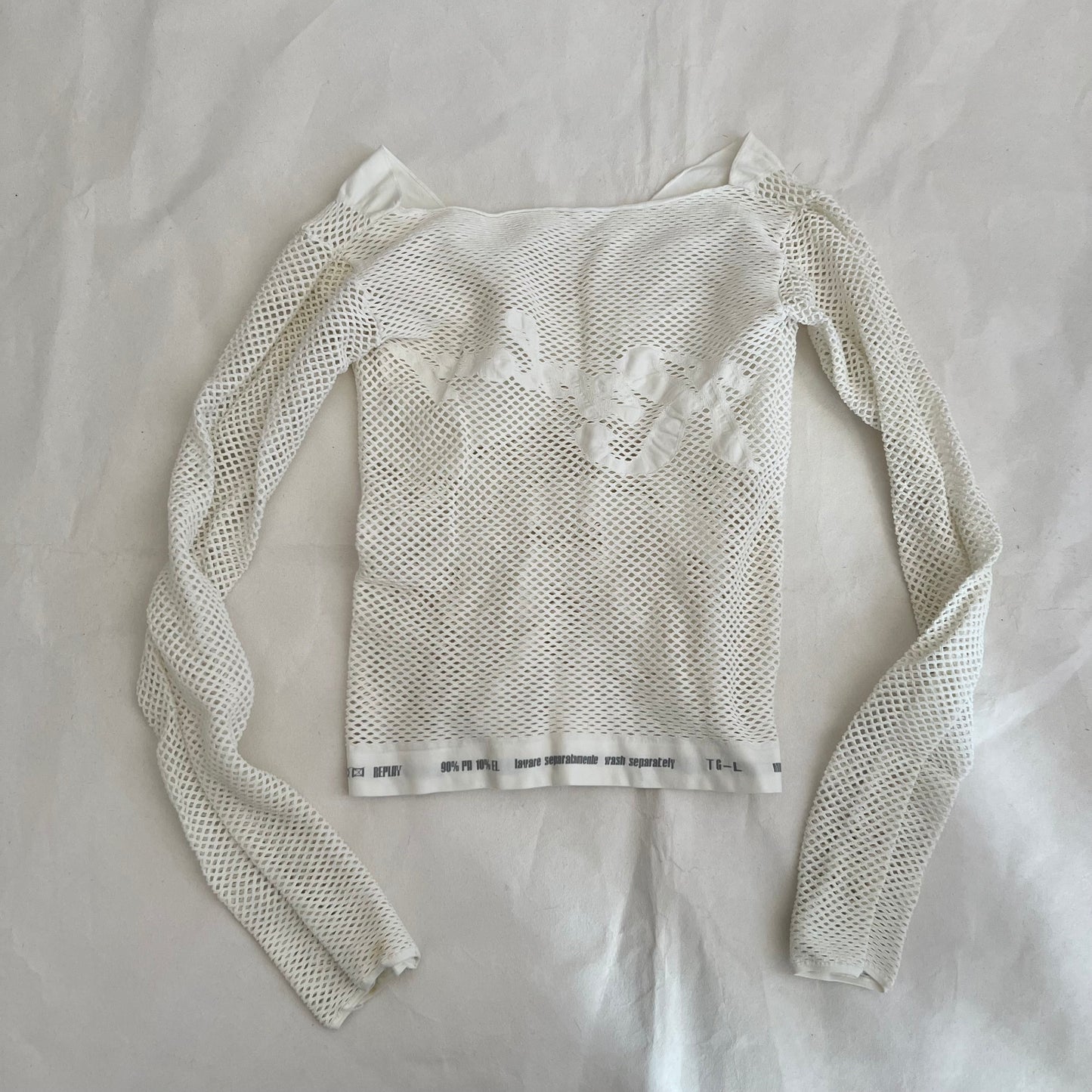 Vintage Replay White Star Mesh Long Sleeve Fitted Top