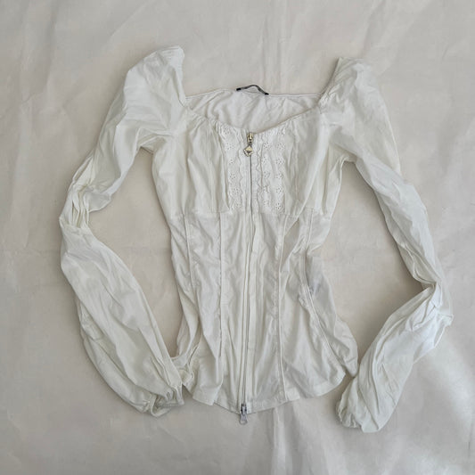 Siste's White Long Sleeve Ruffle Lace Blouse Top