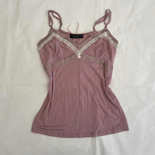 Romantic Twin Set Muted Pink Silk Trim Rosette Bud Lacey Trim Camisole
