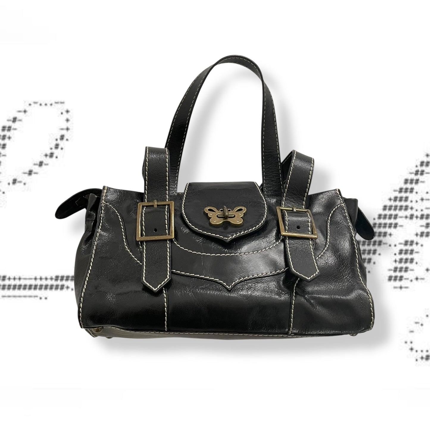 vintage anna sui black leather brassy hardware butterfly lock shoulder bag