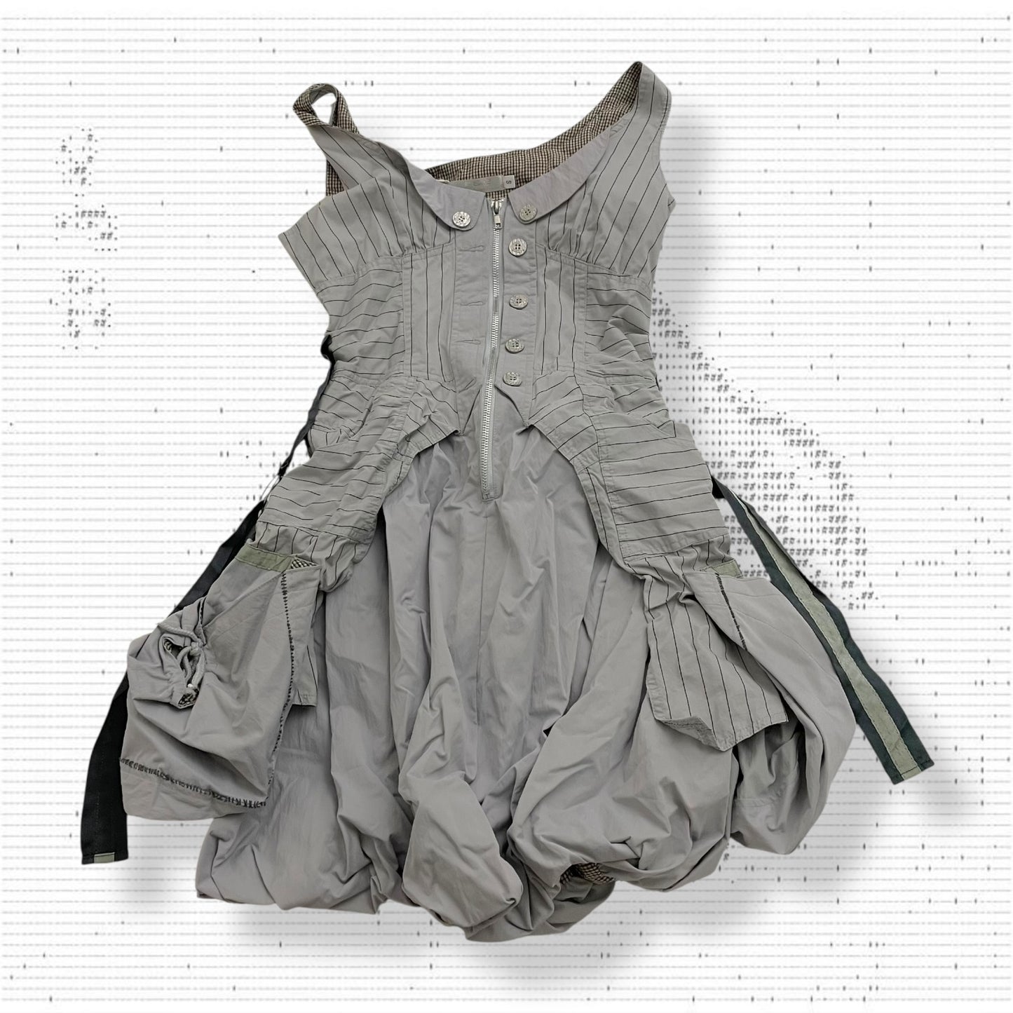 fq2 archival grey bubble hem utility pocket zip striped midi dress
