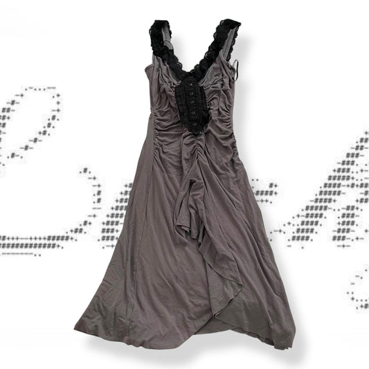 romantic eurosummer morgan de toi purple grey ruched lacey asymmetric hem dress