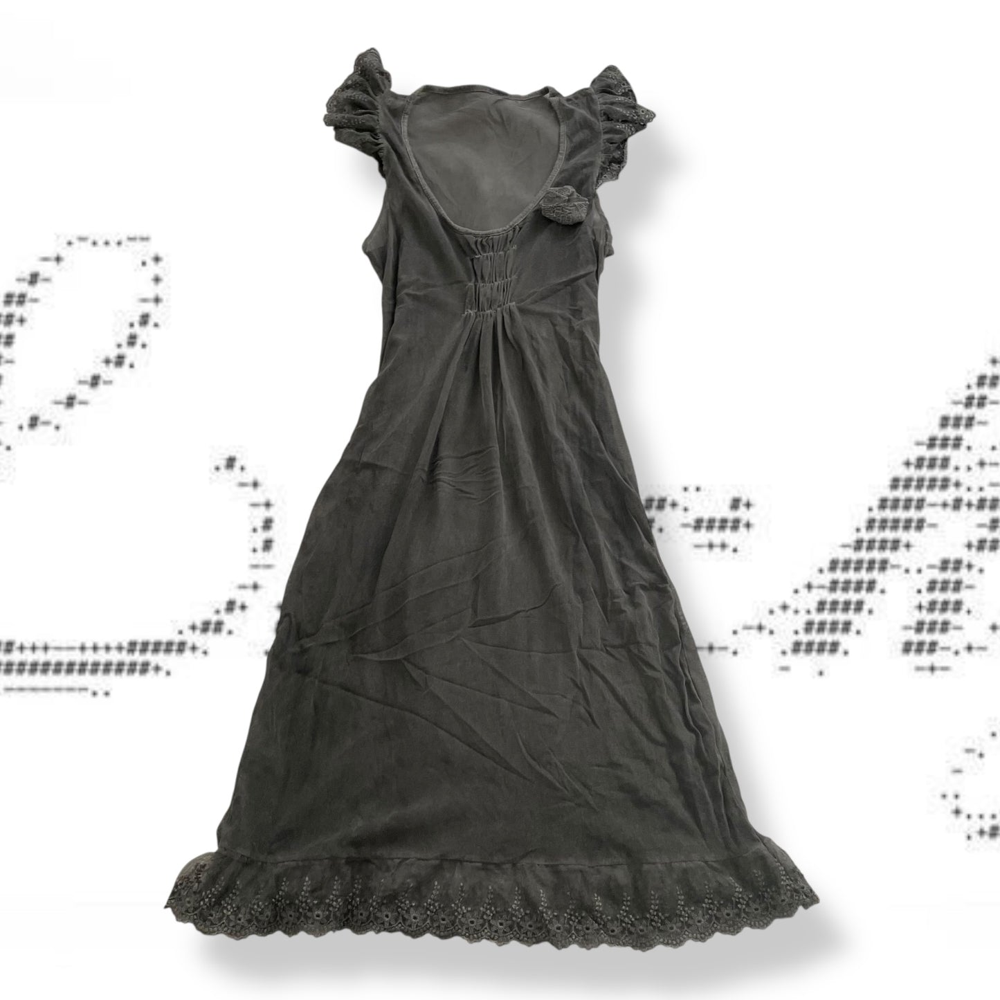 romantic grunge grey ruffle lace sleeve ruched chest rosette sheer midi dress
