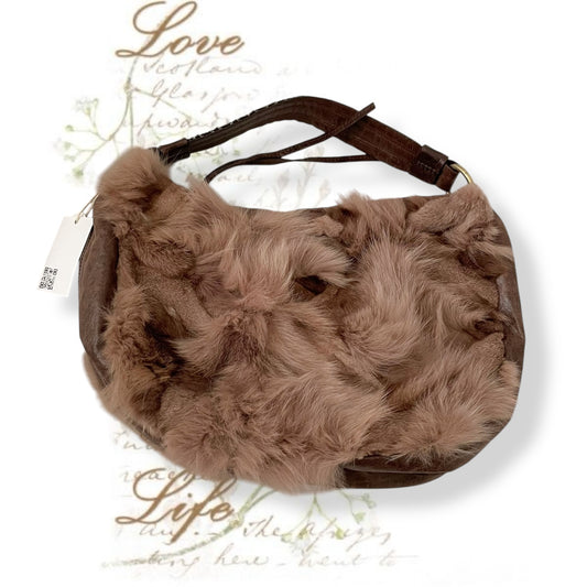 grace continental fluffy fox fur brown leather bronze grommet strap slouchy shoulder bag