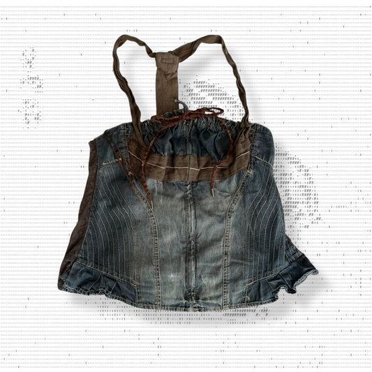 mariagrazia panizzi western boho blue denim brown lacey ruched corset bustier