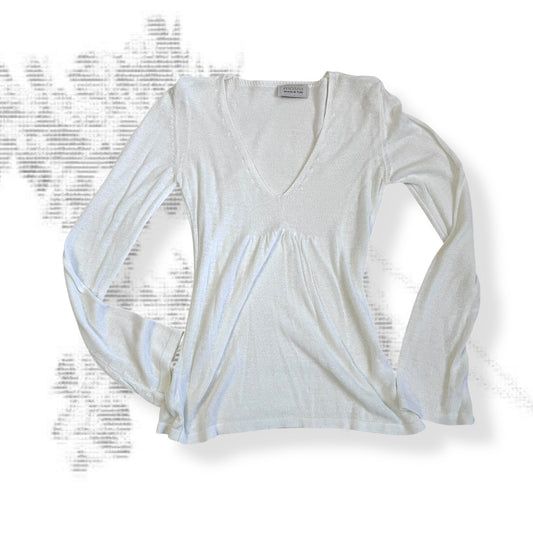 white motivi long sleeve ruched v neck fine knit top