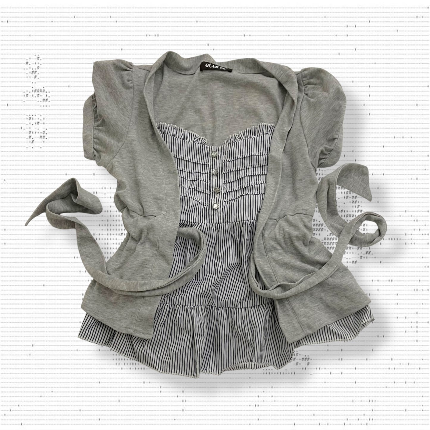 glam 2nd grey short sleeve faux layered cardigan striped babydoll top two in one