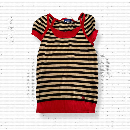 preppy burberry blue label red beige black striped short sleeve knit