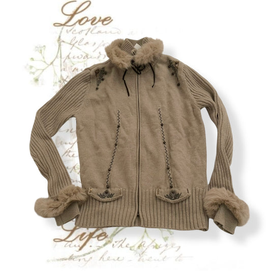 ivisuto beige brown rabbit fur collar embroidery wool knit cardigan jacket