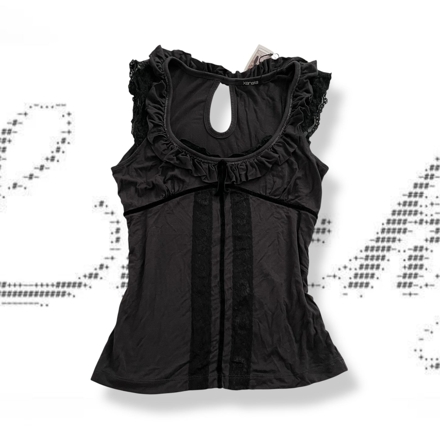 black grey ruffle coquette lacey xanaka frilly camisole top