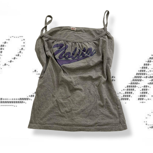 vintage sporty grey silk cotton nolita purple text tank top