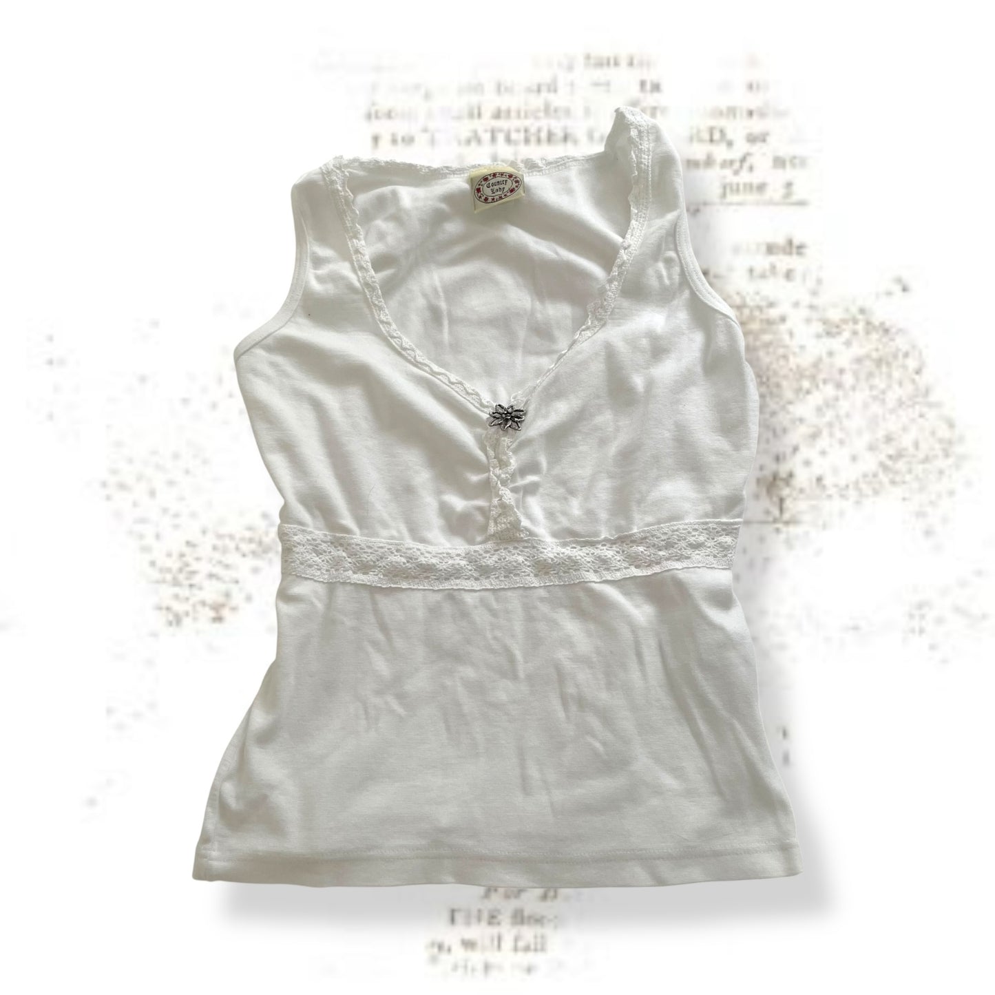country lady white fitted vest top embroidery lace trim and floral charm