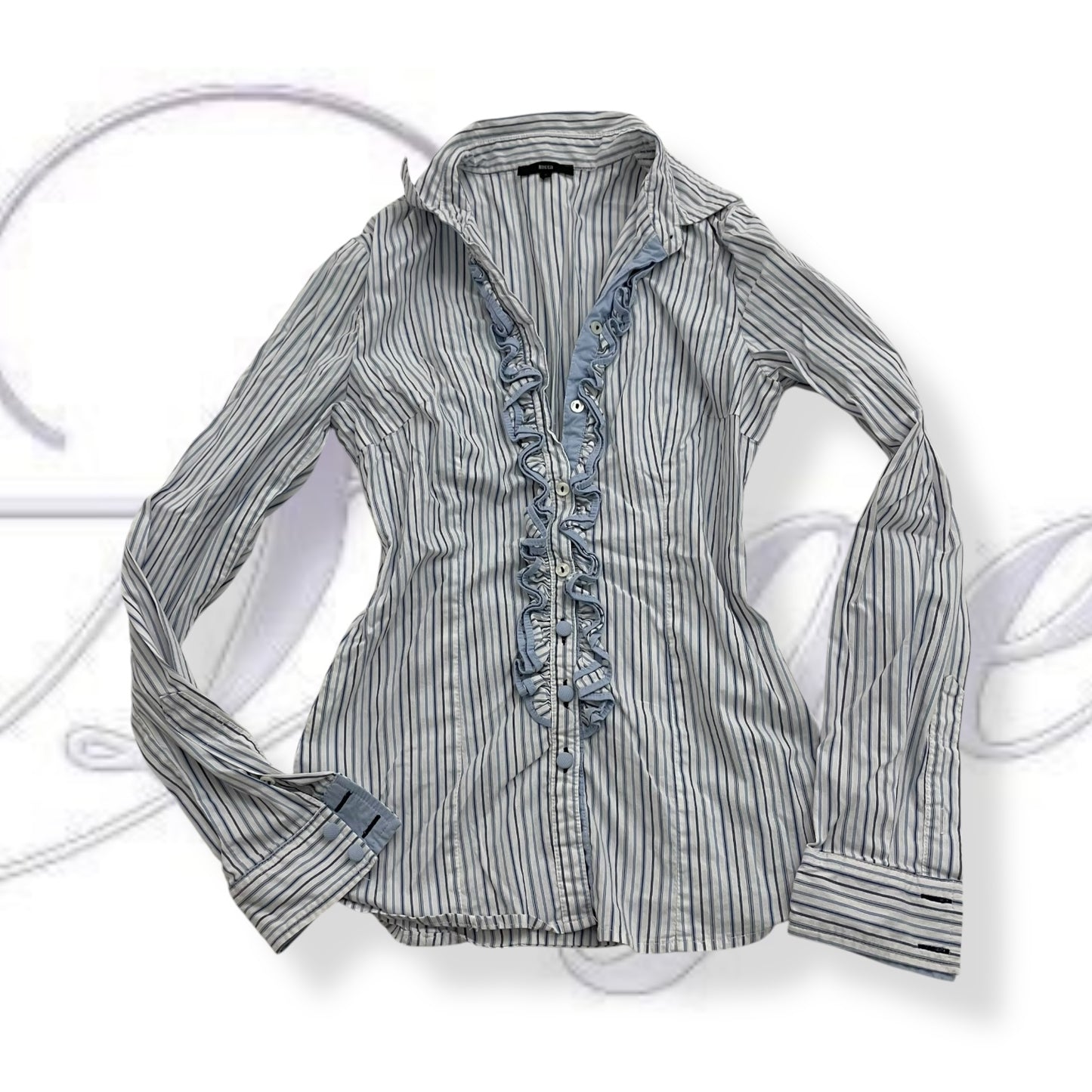 vintage kocca baby blue striped long sleeve blouse with ruffle detail