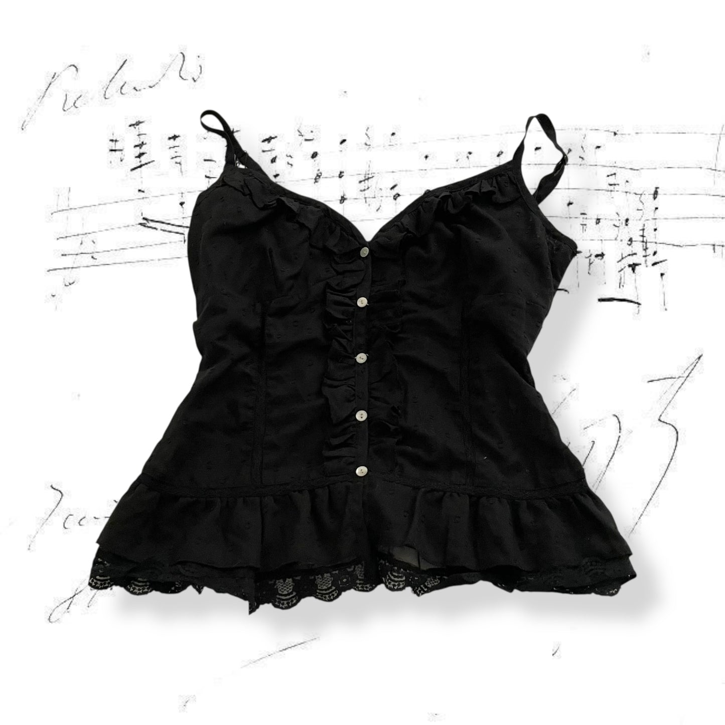 morgan de toi balletcore black ruffle lace button camisole