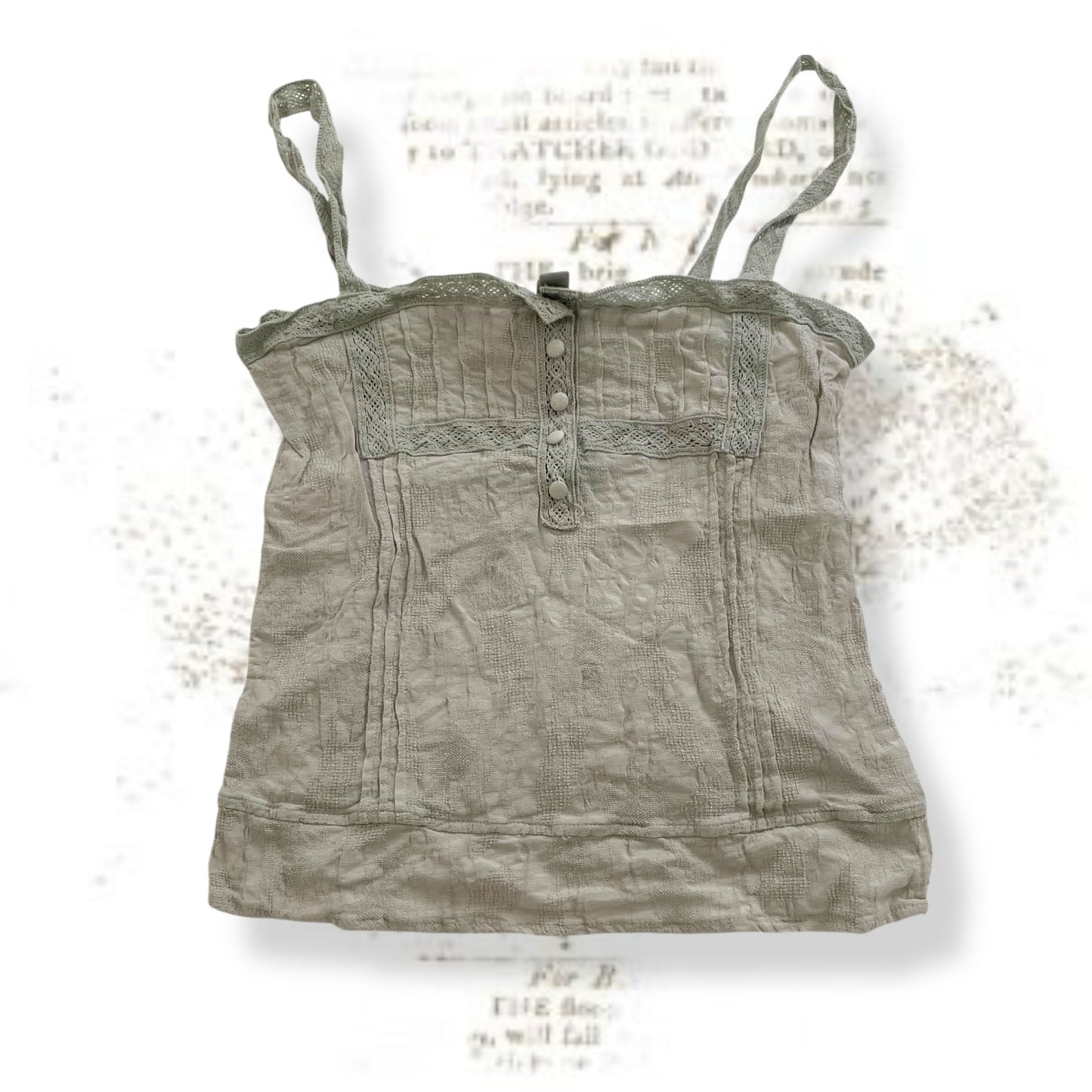 sage green mng linen cotton blend coquette romantic lacey button accent camisole