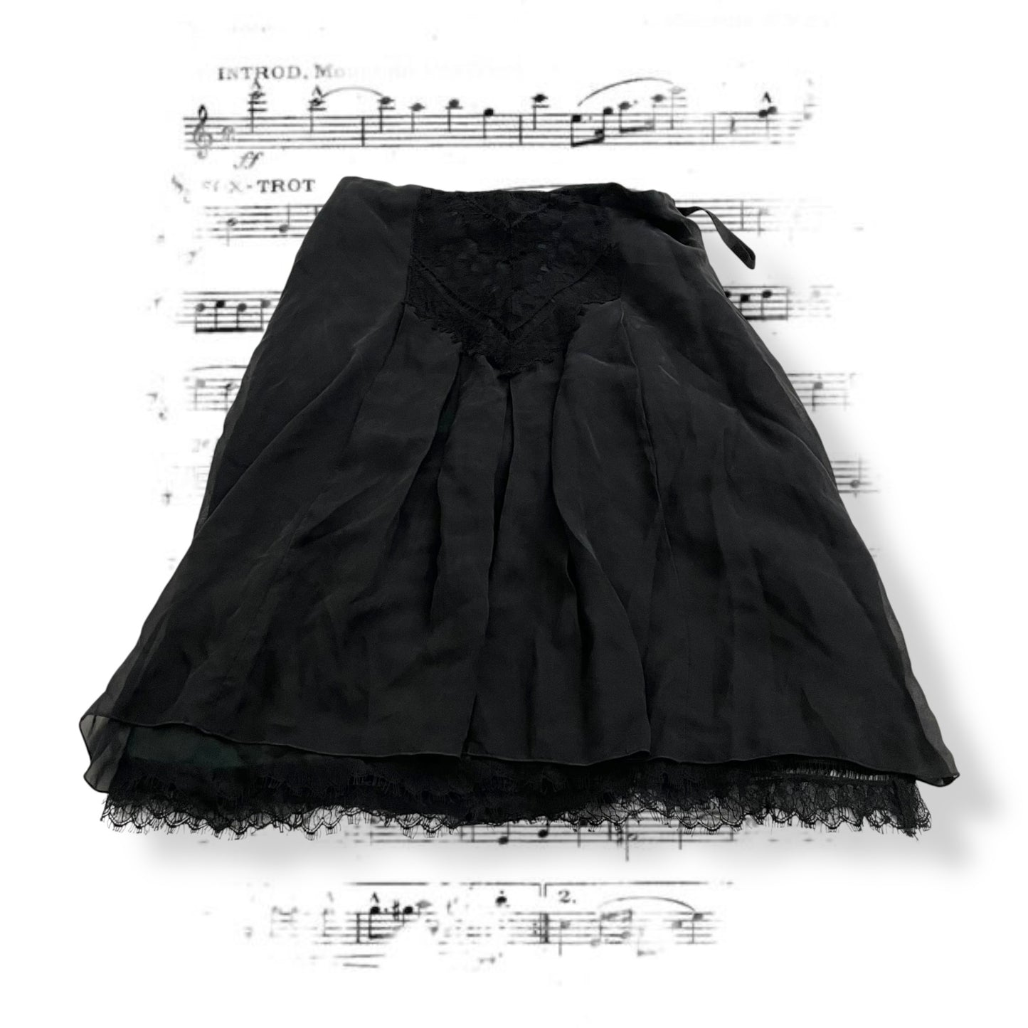 romantic eurosummer anna sui black silk lacey flared midi skirt