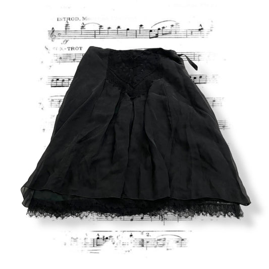 浪漫欧式夏季安娜苏黑色真丝蕾丝喇叭中长裙