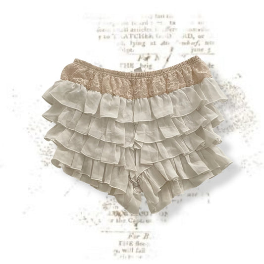 coquette white sheer ruffle tiered beige lace waistband bloomer shorts