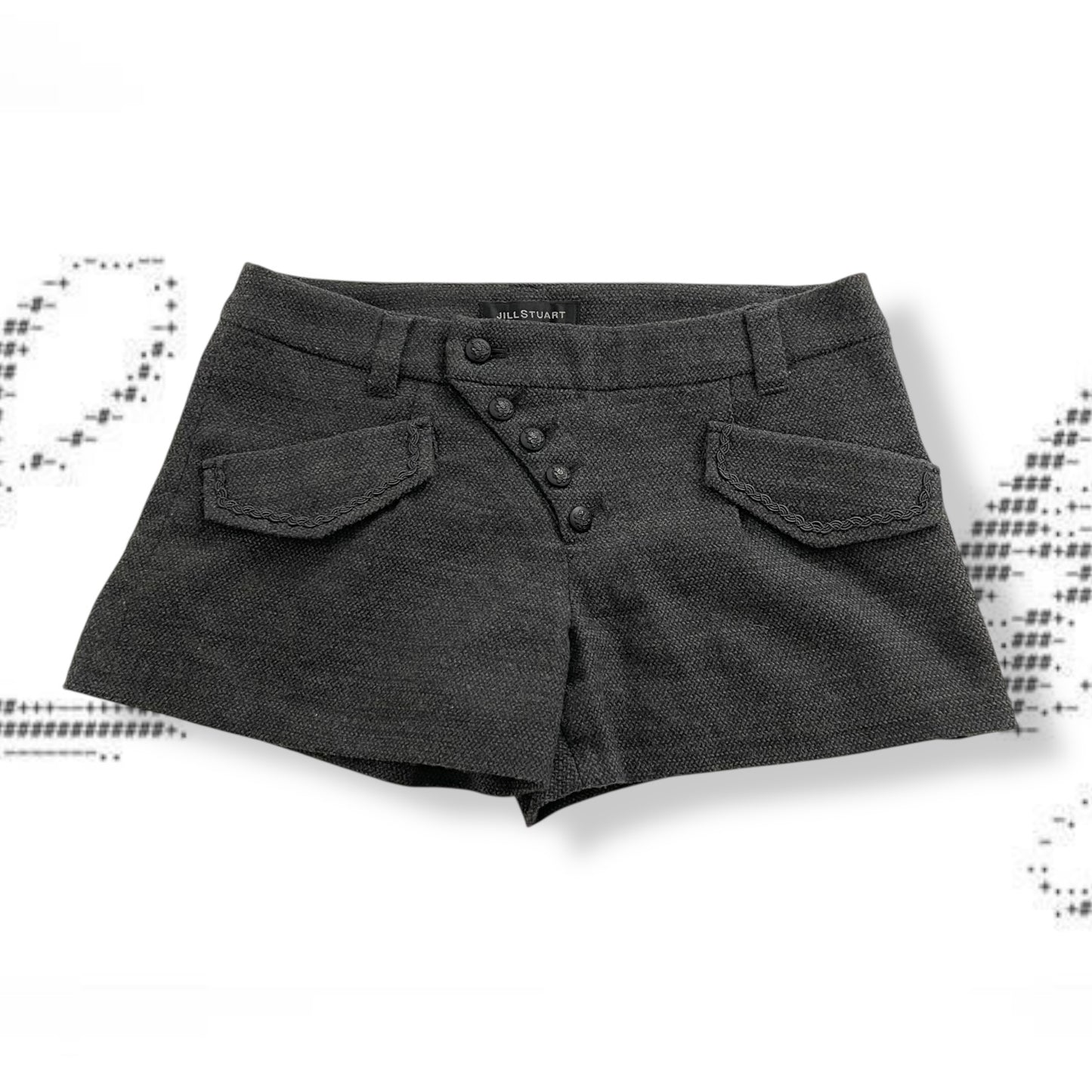 jill stuart grey corpcore utility asymmetrical button wool blend mini shorts
