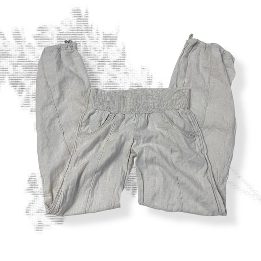 goa off white beige linen blend elastic waistband drawstring hem low rise harem trousers