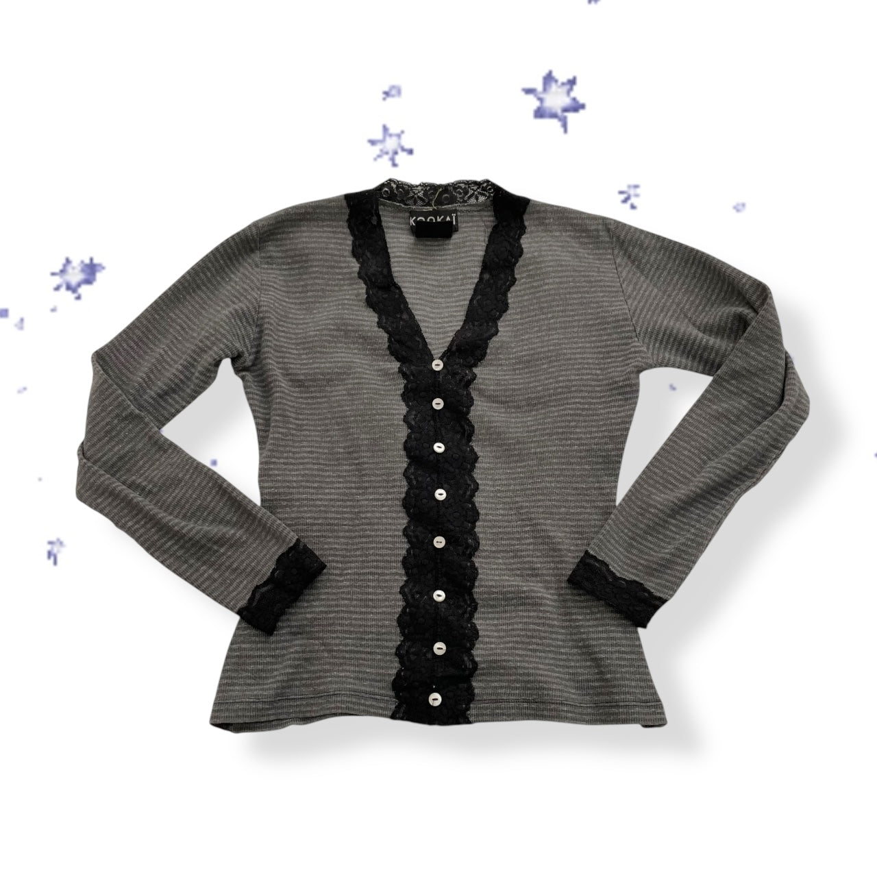 90s kookai preppy grey striped long sleeve cardigan top with black lace trim