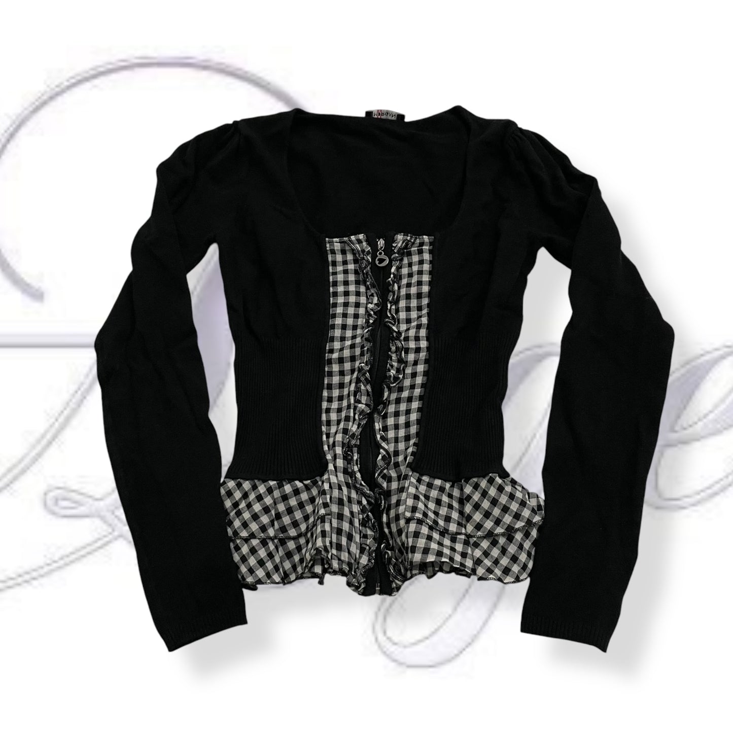 morgan dark academia black gingham ruffle hem long sleeve zip top