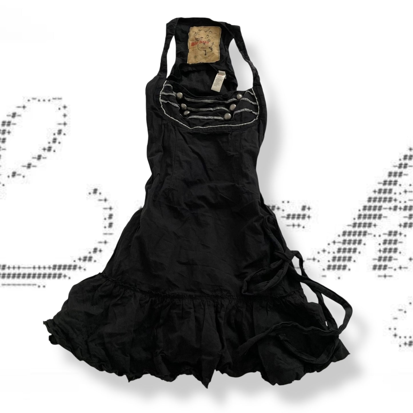corpcore archival miss sixty black button flouncy midi dress with adjustable belt
