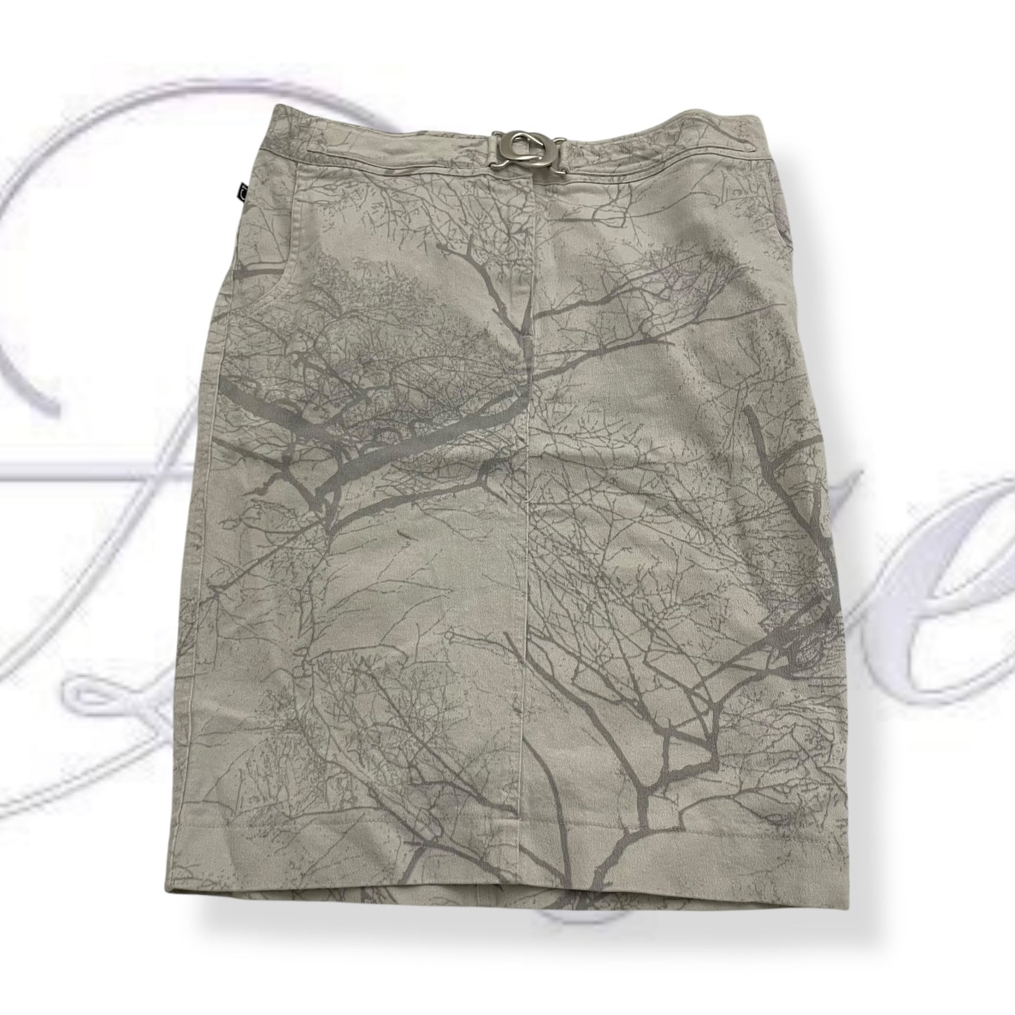 roberto cavalli greige midi skirt grey tree print and silver waist buckle detail