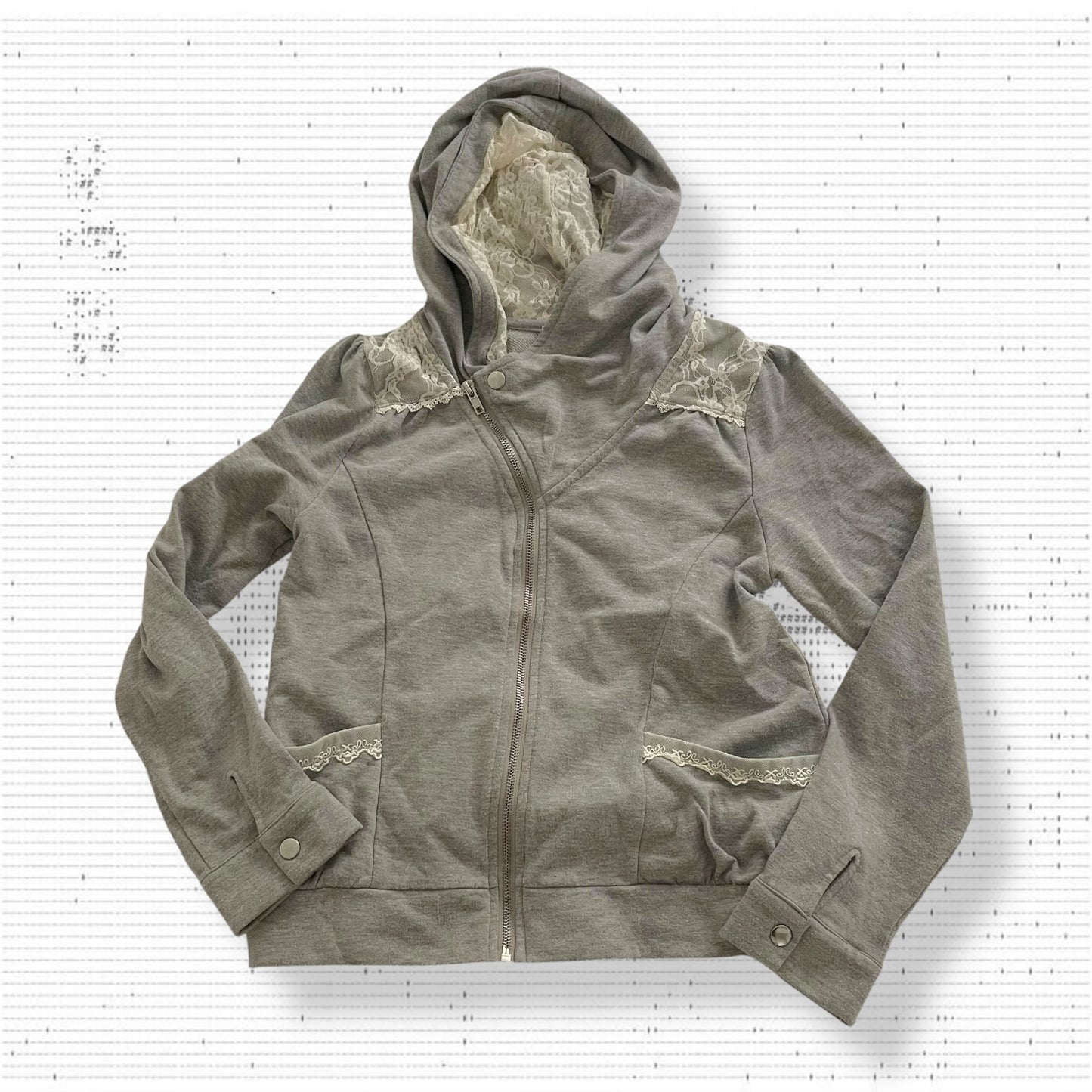 coquette grey asymmetric axes femmes white lace zip hoodie jacket