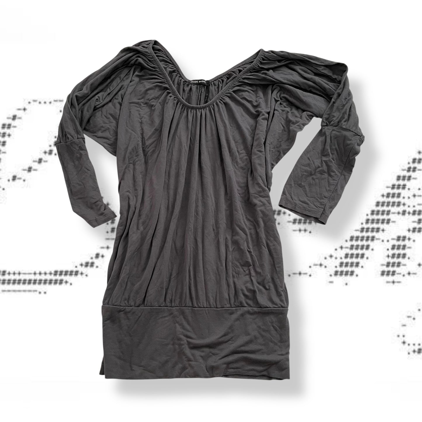 grey draped 3/4 sleeve tunic elastic waistband top mini dress