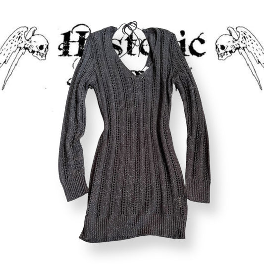 dark purple grey silver voyelles v neck keyhole back long sleeve fishbone knit sweater dress
