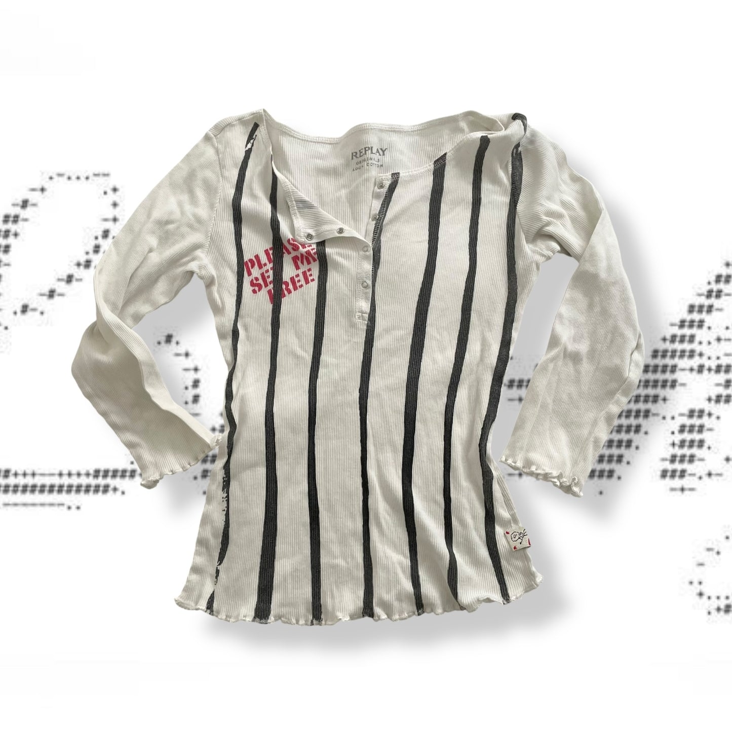 preppy y2k replay white black striped wide neck 3/4 sleeve red graphic shirt