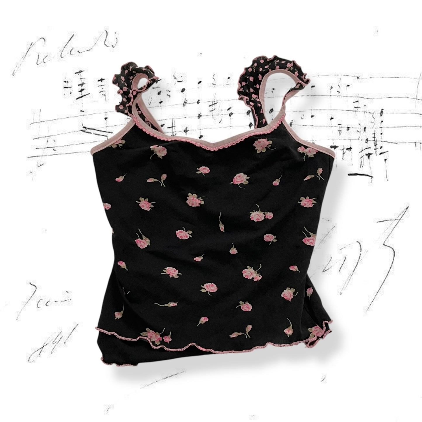 onyx black floral print pink picot trim camisole