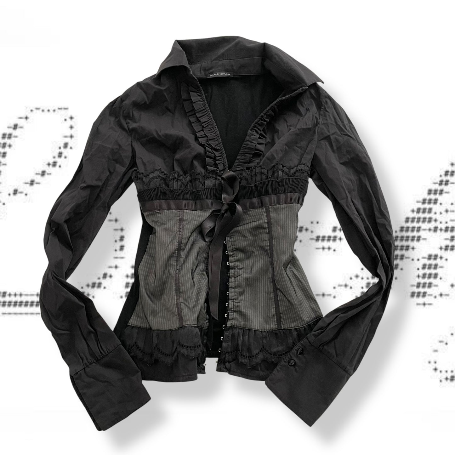 balletcore blue star black blouse pinstripe ruffle lace and ribbon corset hook and eye top