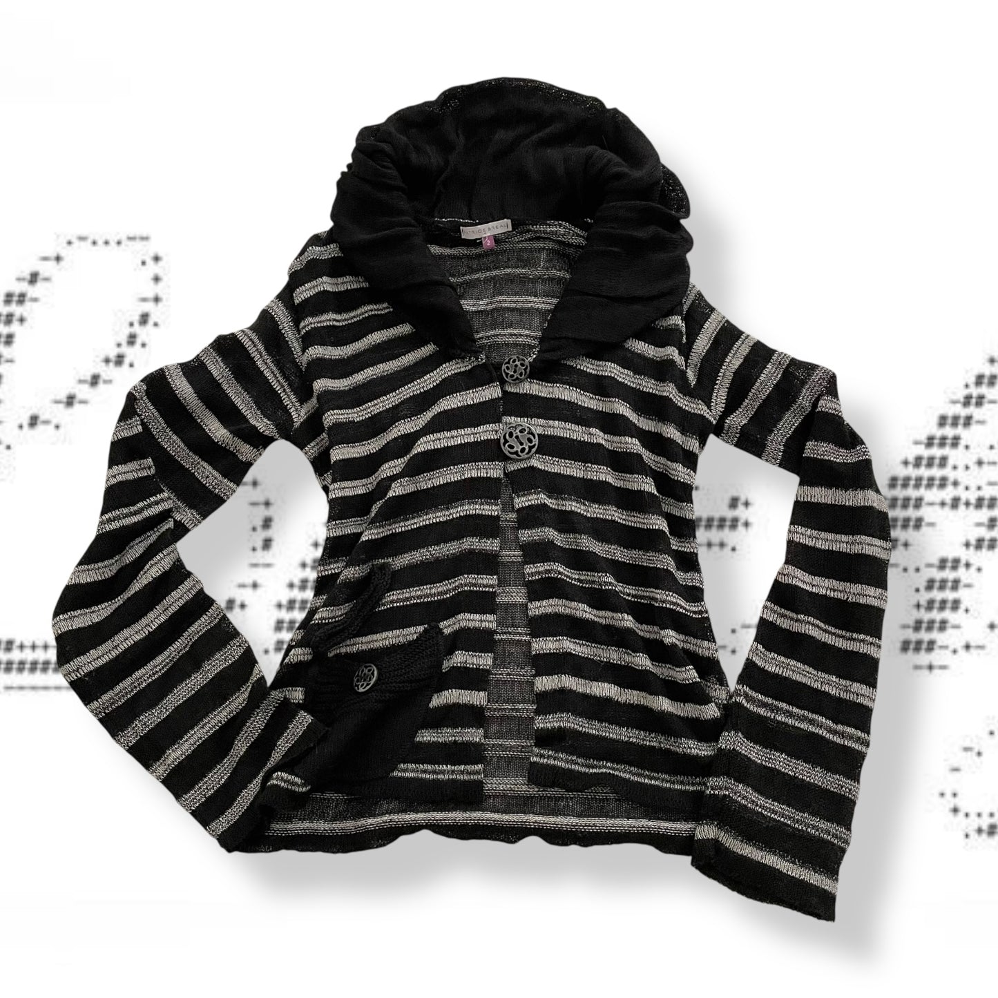 grunge sleaze patrice breal black grey striped ornamental button accents knit cardigan