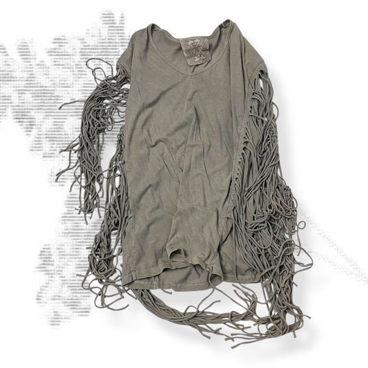 vintage goa taupe brown v neck fringe sleeve oversized shirt