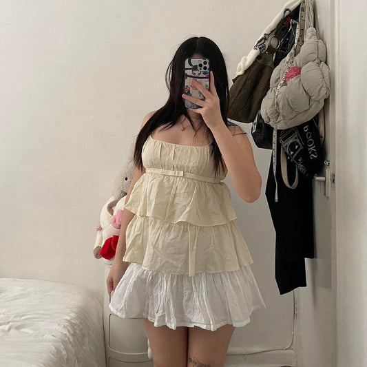 jill stuart coquette beige/cream tiered babydoll camisole with thin ribbon charm