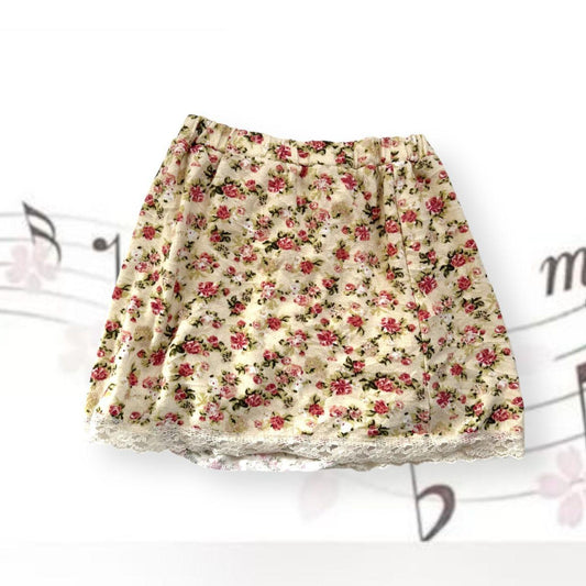 coquette ld prime cream mori kei pink floral print lace hem straight mini skirt