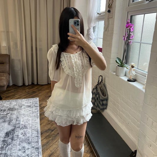 coquette balletcore l'est rose ivory half sleeve ruffle blouse