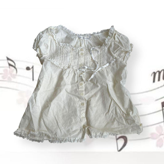 coquette ivory white ant werpen ruched cap sleeve lacey milkmaid style blouse