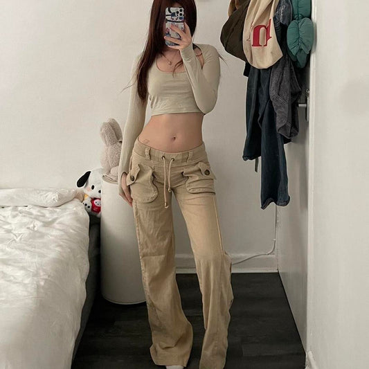 cecil mcbee beige linen hemp blend low rise wide leg cargo trousers