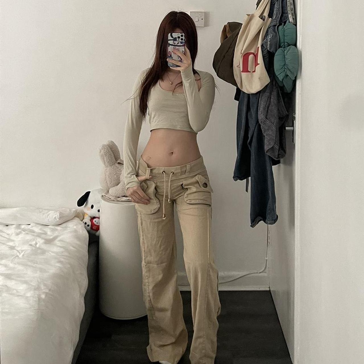 cecil mcbee beige linen hemp blend low rise wide leg cargo trousers